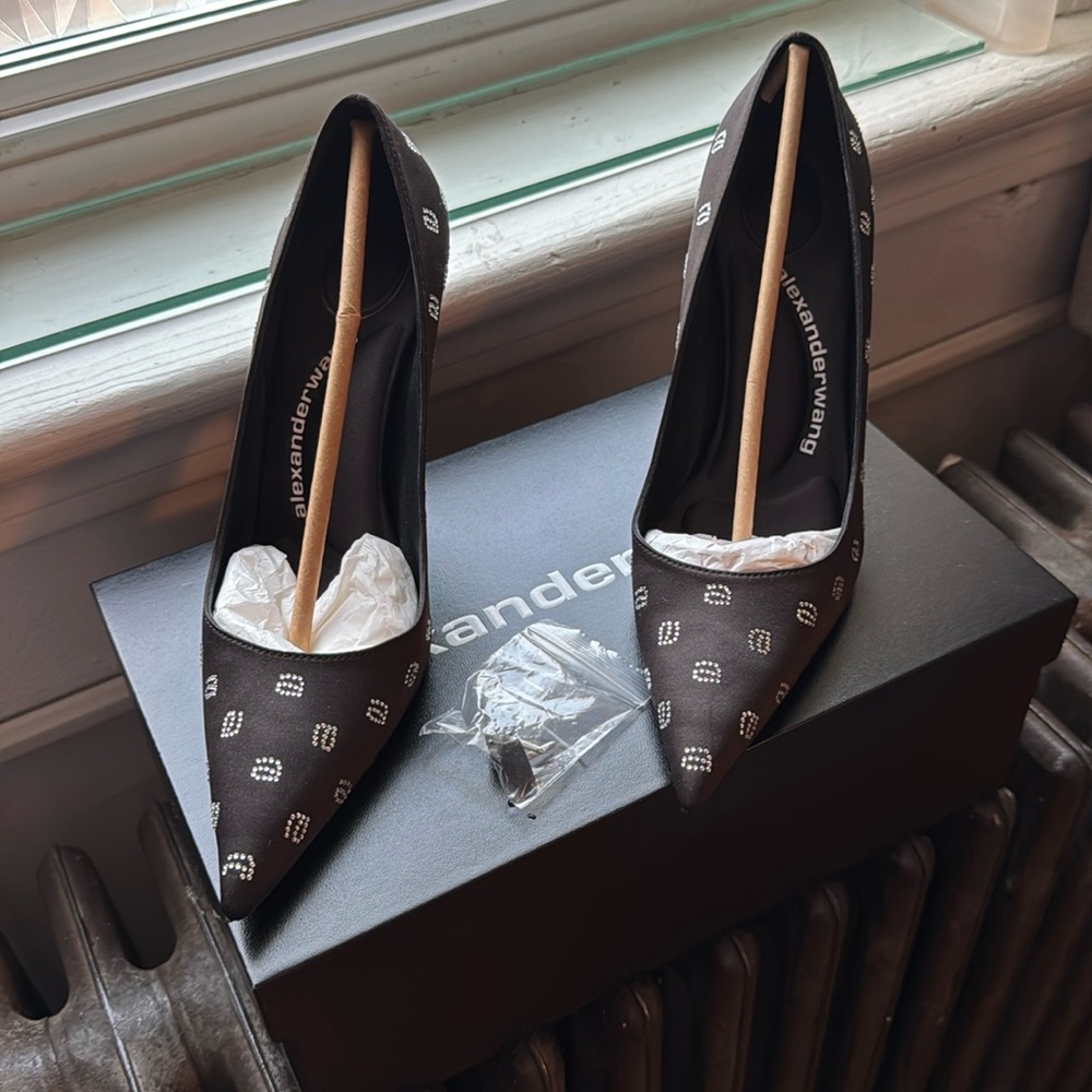 Alexander Wang Black Stiletto Heels Monogram Rhinestone Designer Shoes, Sz 37
